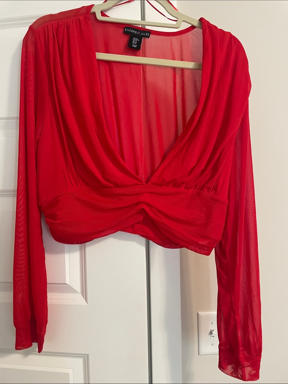 Sincerely Jules Red Long-Sleeve Draped Twist Crop Top